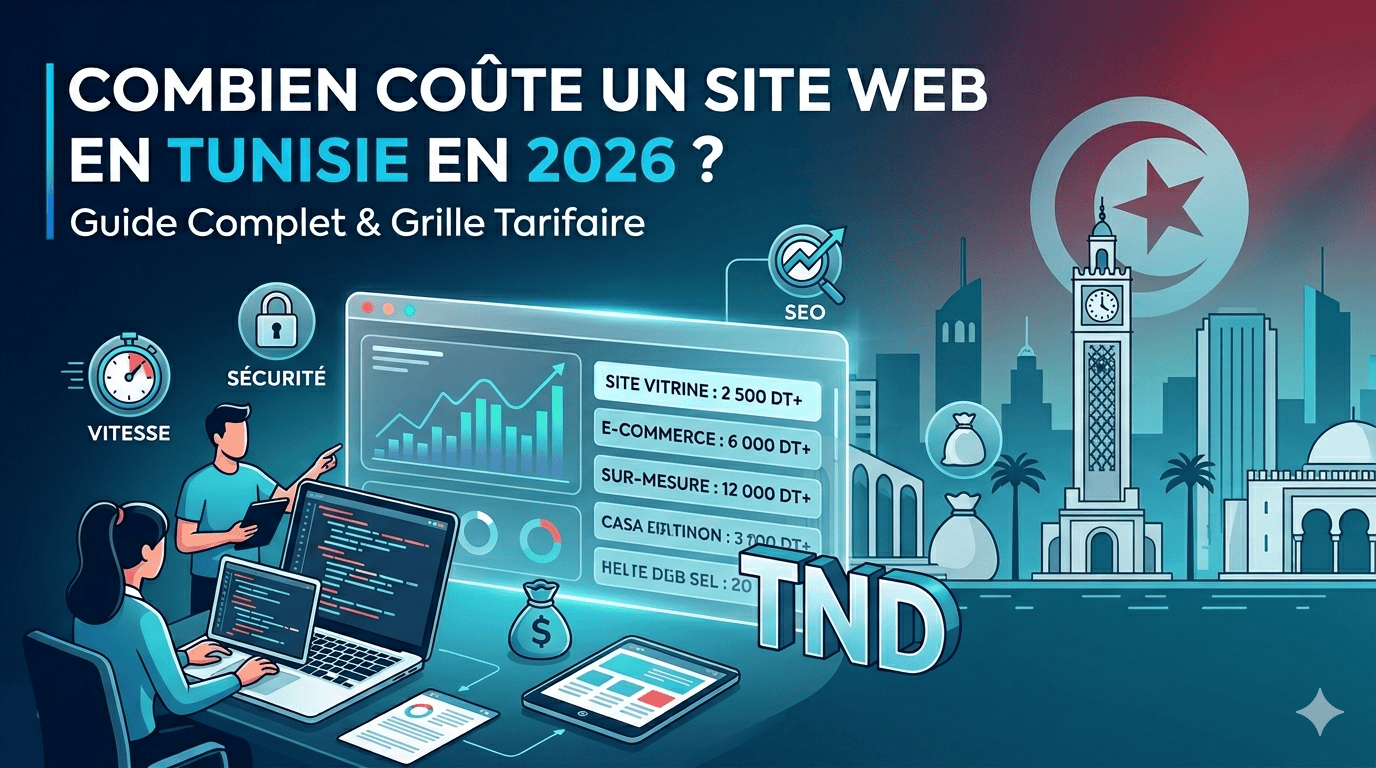 Infographie des tarifs de création de site web en Tunisie en 2026 : prix site vitrine, e-commerce et sur-mesure